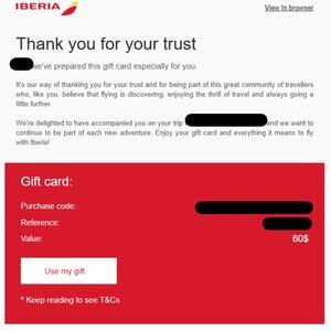 Iberia $60 Flight Voucher Gift Card